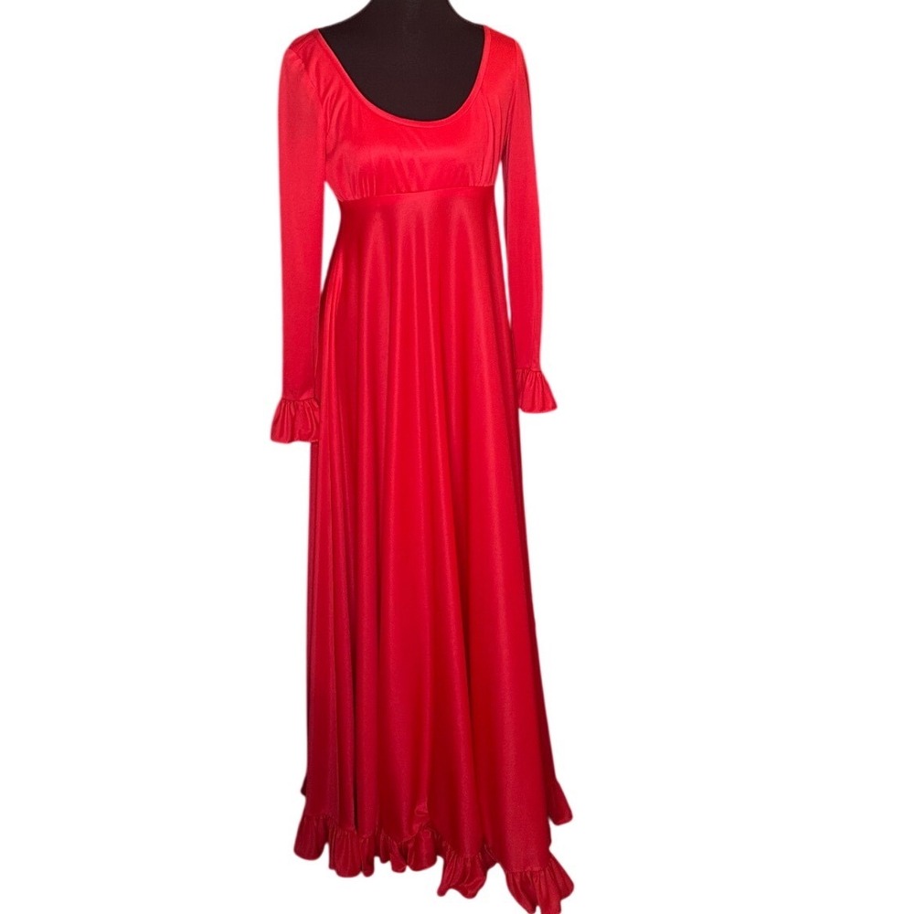 Vintage Pink Red Empire Waist Maxi Dress Ruffle Cuff Long Sleeve Gown XS/S